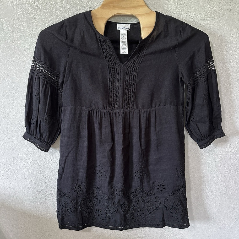 Tommy Bahama St Lucia Dress Small Black Split Neck Eyelet Linen Blend Cover Up